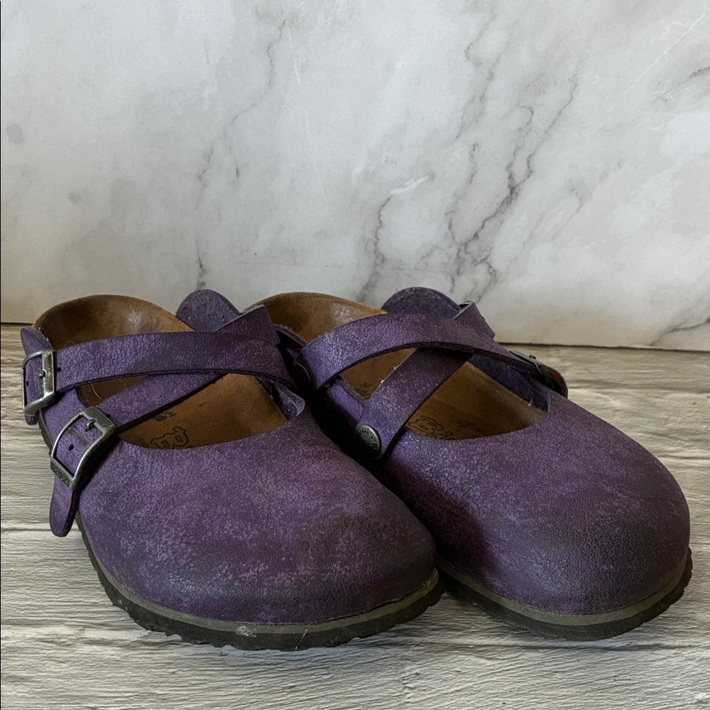 Birkenstock Birki's Dorian Purple Leather Crisscross Clogs Size 36